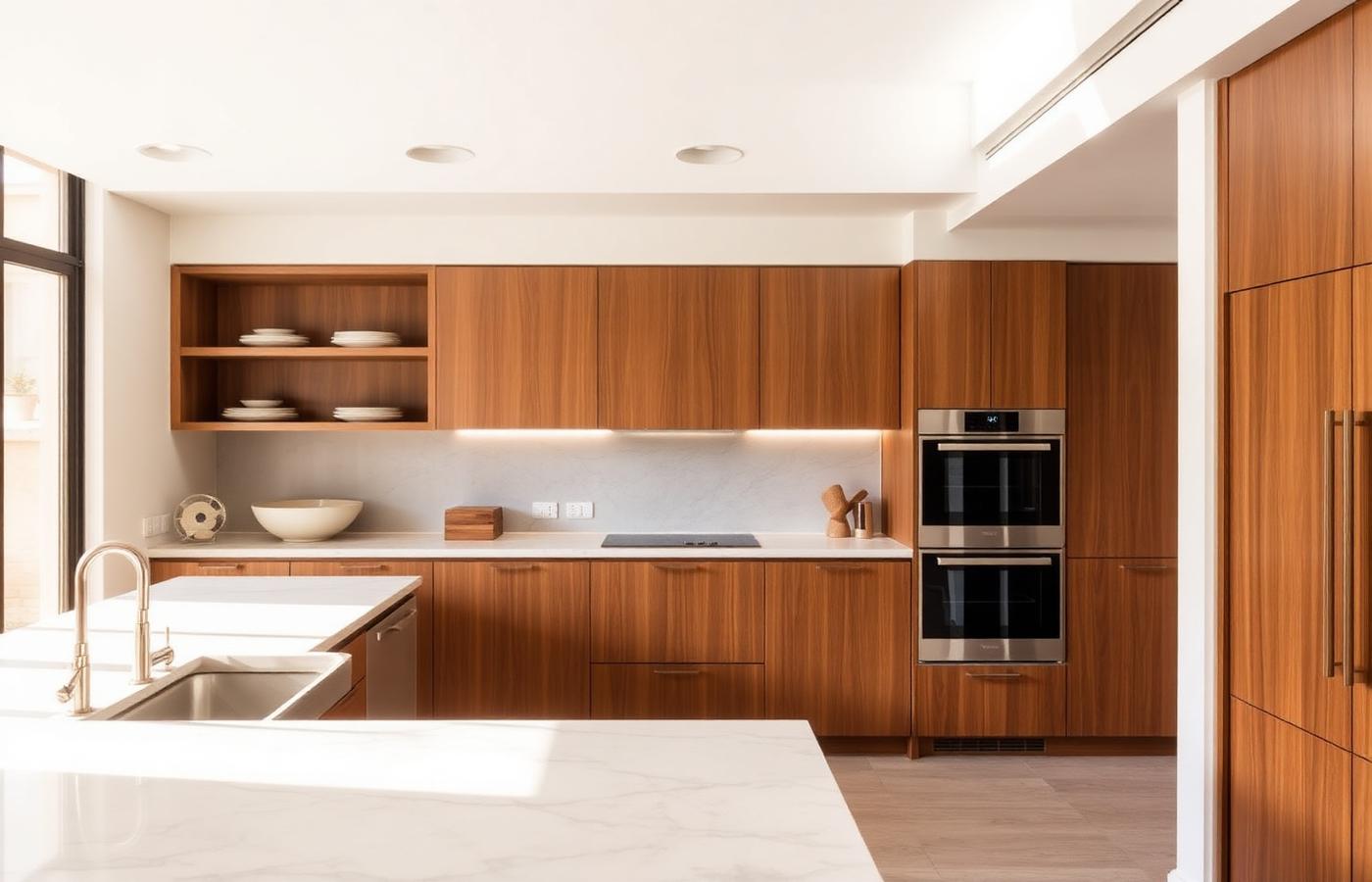 Cozinha renovada com bancada em mármore